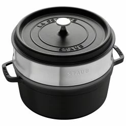 Staub Enamelled Cast Iron Round Cocotte With Steamer 26cm Black 5.2L