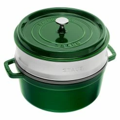 Staub Enamelled Cast Iron Round Cocotte With Steamer 26cm Basil Green 5.2L